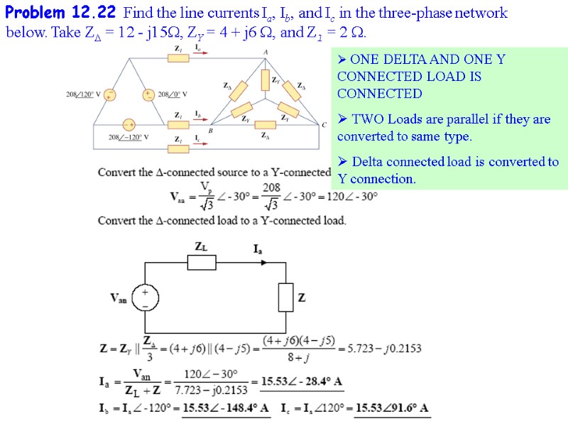 Problem 12.22 Find the line currents Ia, Ib, and Ic in the three-phase network